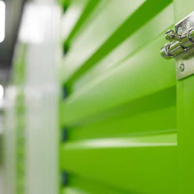 Close up picture of a self storage unit door and lock